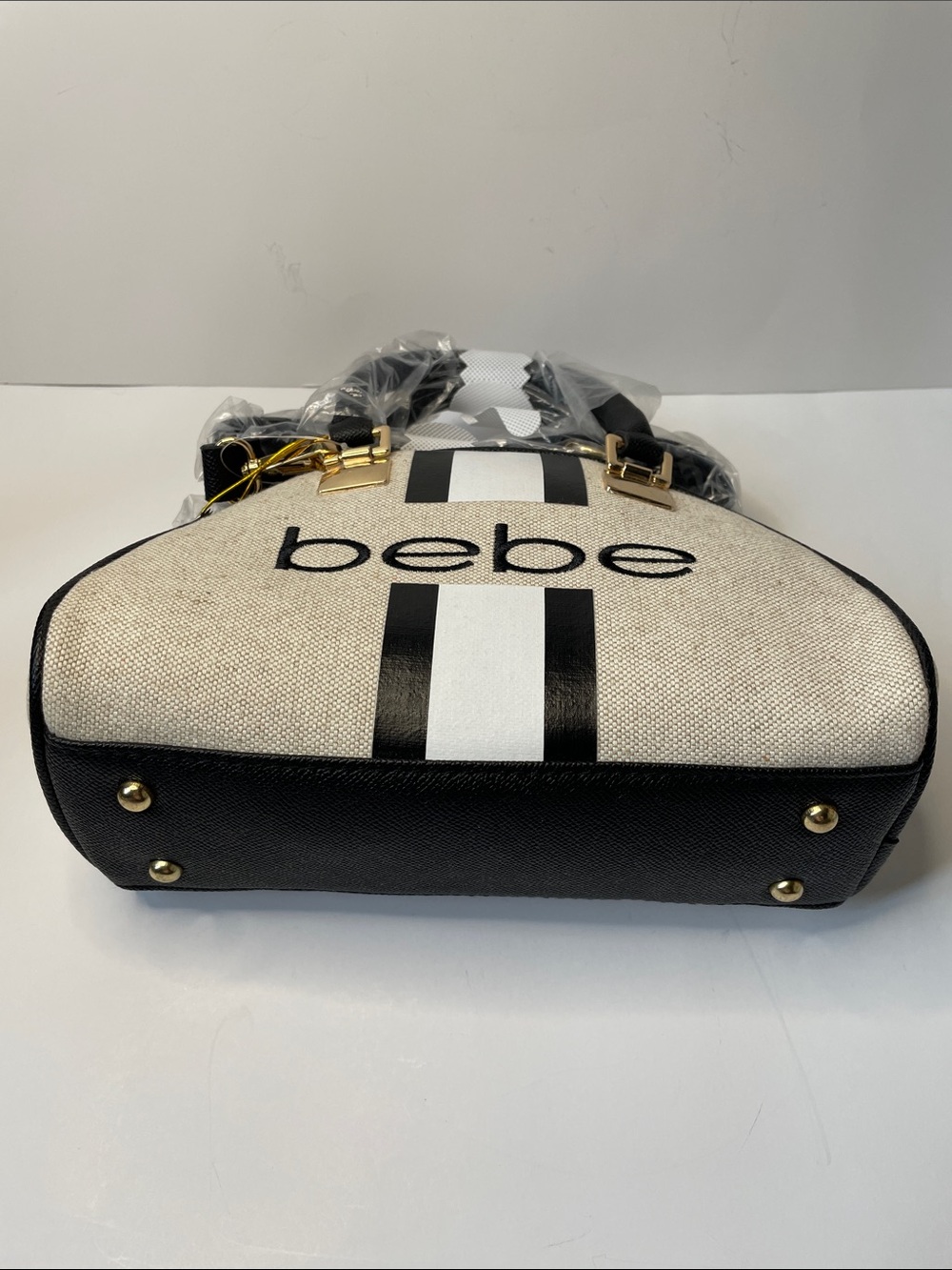 NWT bebe Cream Canvas Satchel with Black Stripes - Picture 5 of 6